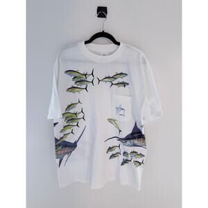 Vintage 90s Guy Harvey Marlin Fish Pocket T-Shirt Double Sided-Size XL